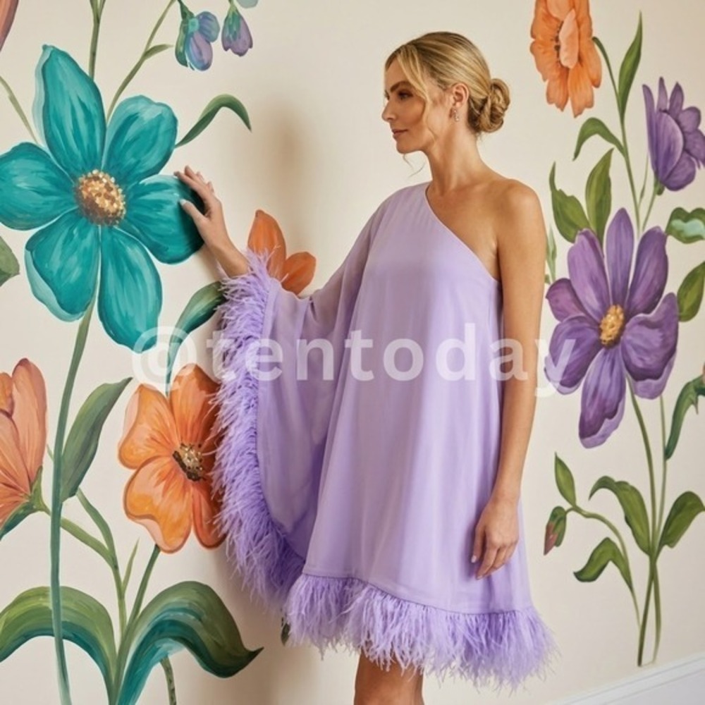 Mac Duggal Size 6 Light Pastel Purple Feather One Shoulder Babydoll Mini Dress